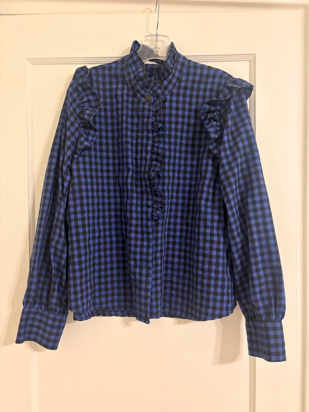 Mango Blue and Black Gingham Ruffle Button-Up Blouse